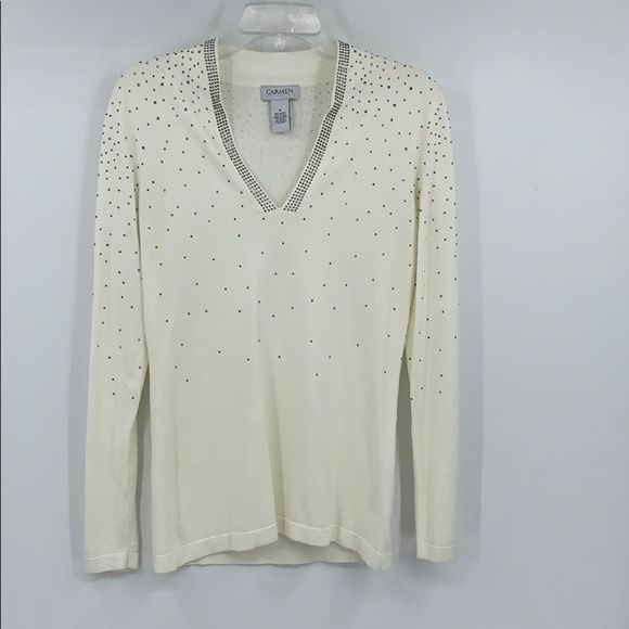 CARMEN MARC VALVO womens S creme studded V neck Rayon Blend sweater - Picture 1 of 5